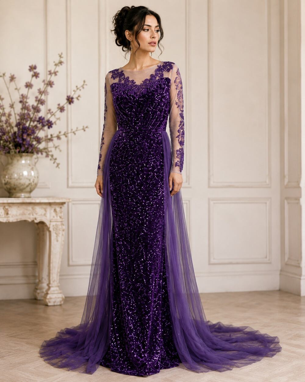 Faeriesty Gown Womens L Purple Velvet Sequin Tulle Lace Formal Evening Dress